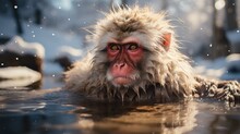 A Japanese Macaque (Macaca Fuscata), Or 'snow Monkey', Soaking In The Steaming Hot Springs Of Jigokudani, Its Fur Dusted With Snow And Its Face An Expression Of Utter Relaxation.