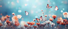 Flowers And White Butterflies With Abstract Bokeh Background. AI Generated