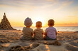 © AI_images - 3 babies sit and play sand at the beach, back view, early in the morning, sunrise. AI Generated