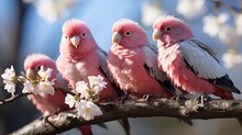 A Group Of Galahs (Eolophus Roseicapilla) Feeding On A Grassy Field In Australia, Their Pink And Grey Plumage A Charming Sight Against The Green Grass.