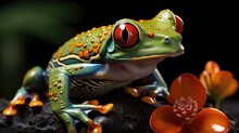 A Red-eyed Tree Frog (Agalychnis Callidryas) Clinging To A Branch In The Jungles Of Central America, Its Vibrant Colors And Bulging Red Eyes A Striking Image Against The Dark Backdrop.