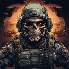 Skelton wearing army helmet with guns illustration. AI Generated