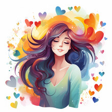 Woman With Colorful Hearts In Her Long Hair, Love And Emotion Concept. AI Generated