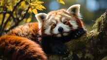 A Red Panda (Ailurus Fulgens) Napping In The Crook Of A Tree In The Himalayan Forests, Its Striped Tail And Rust-colored Fur Standing Out Against The Verdant Green.