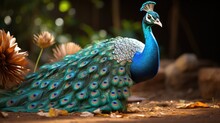 A Dazzling Peacock (Pavo Cristatus) In The Forests Of India, Its Vibrant Fan Of Tail Feathers Fully Unfurled In A Mesmerizing Display Of Iridescent Blues And Greens.