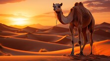 A Dromedary Camel (Camelus Dromedarius) Standing Tall In The Sand Dunes Of Morocco's Sahara Desert, Its Hump And Long Legs A Silhouette Against The Setting Sun.