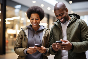 Wall Mural - attractive mature black woman and black man with phone on studio color background. AI Generated