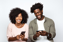 Black Woman And Black Man With Phone On White Background . AI Generated