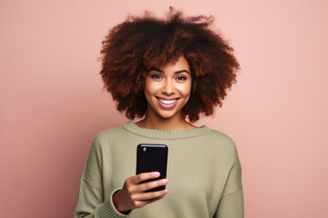 Wall Mural - Black woman with phone on studio background . AI Generated