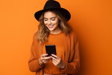 Wall Mural - girl with phone on orange background. AI Generated