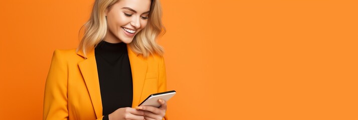 girl with phone on orange background. AI Generated