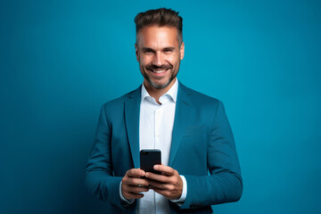 Wall Mural - man with phone on blue background. AI Generated