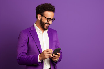 Wall Mural - man with phone on purple background. AI Generated