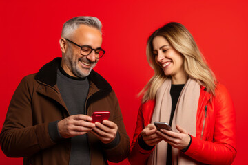 Wall Mural - woman and man with phone on red background. AI Generated