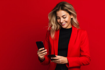 Wall Mural - woman with phone on red background. AI Generated