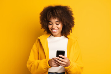 woman with phone on yellow background . AI Generated