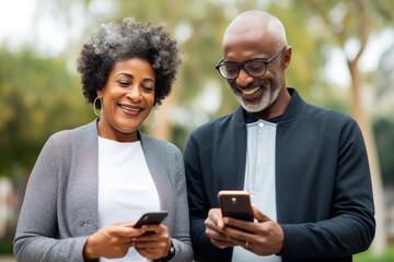 attractive mature black woman and black man with phone on studio color background. AI Generated