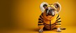 fat and grumpy bulldog dressed in funny bubble bee Halloween costume, anthropomorphic, vibrant colors, fashionable, cool, studio photography, minimalism. AI Generated