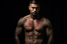 Confident Man With Muscular Body Tattooed On Black Background. AI Generated