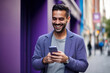 Leinwandbild Motiv man with phone on purple background. AI Generated
