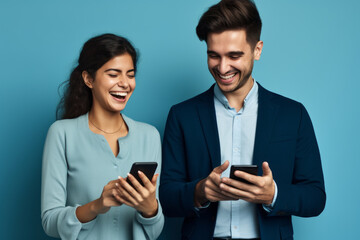 woman and man with phone on blue background . AI Generated