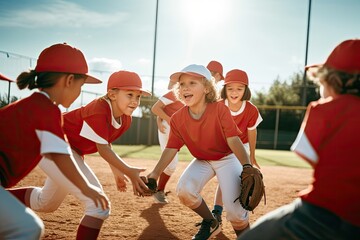 Elementary age children playing co-ed baseball, coaches, ballfield, uniforms, caps, teammates, little league. Photo generative AI