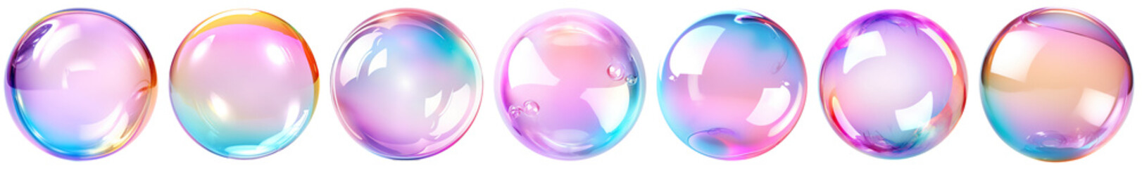 Wall Mural - Set of realistic transparent colorful soap bubbles with rainbow reflection isolated on transparent background