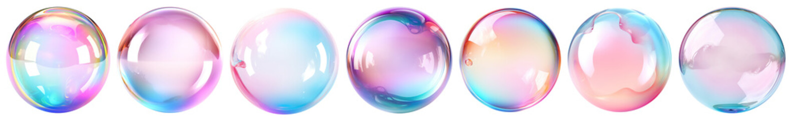Set of realistic transparent colorful soap bubbles with rainbow reflection isolated on transparent background