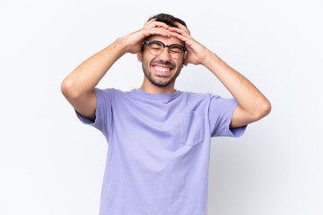 Sticker - Young caucasian man isolated on white background laughing