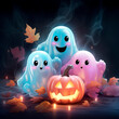 canvas print picture - Cute Halloween ghosts with beautiful kind pumpkins in delicate colors