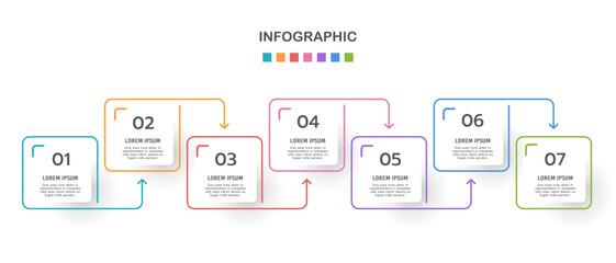 Wall Mural - Business infographic thin line process with square template 7 options or steps to success. Business Presentation. Vector illustration.