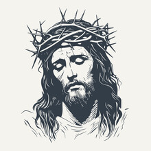 Jesus With Crown Of Thorns. Vintage Woodcut Engraving Style Vector Illustration.
