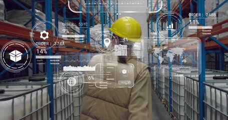 Poster - Animation of data processing on screens over caucasianwo man working in warehouse