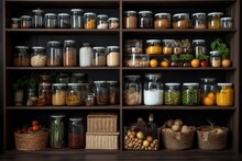 Pantry With Neat And Organized Shelves, Showcasing Cooking Essentials.