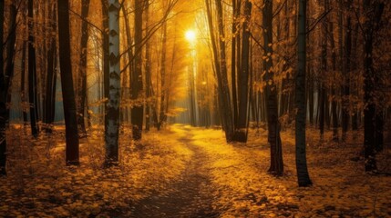 Wall Mural - Sunny Forest in Autumn with beautiful bright sun rays. Generative AI