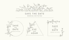 Elegant Minimalist Frames, Logo Templates With Hand Drawn Flowers And Leaves, Floral Design Ink Line Style. Vector For Wedding Invitation, Save The Date, Greeting Card, Label, Corporate Identity 