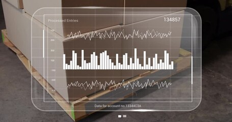 Sticker - Animation of data processing on screens over cardboard boxes