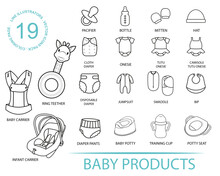 Baby Product Editable Stroke Outline Icons Set. Baby Carrier, Car Seat, Potty, Teether, Onesies, Bottle, Pacifier, Swaddle. Vector Illustration.