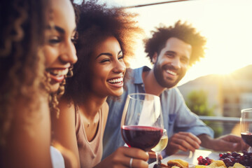 Wall Mural - Group of happy friends dining and drinking red wine at the dinner party, Focus on wine glass