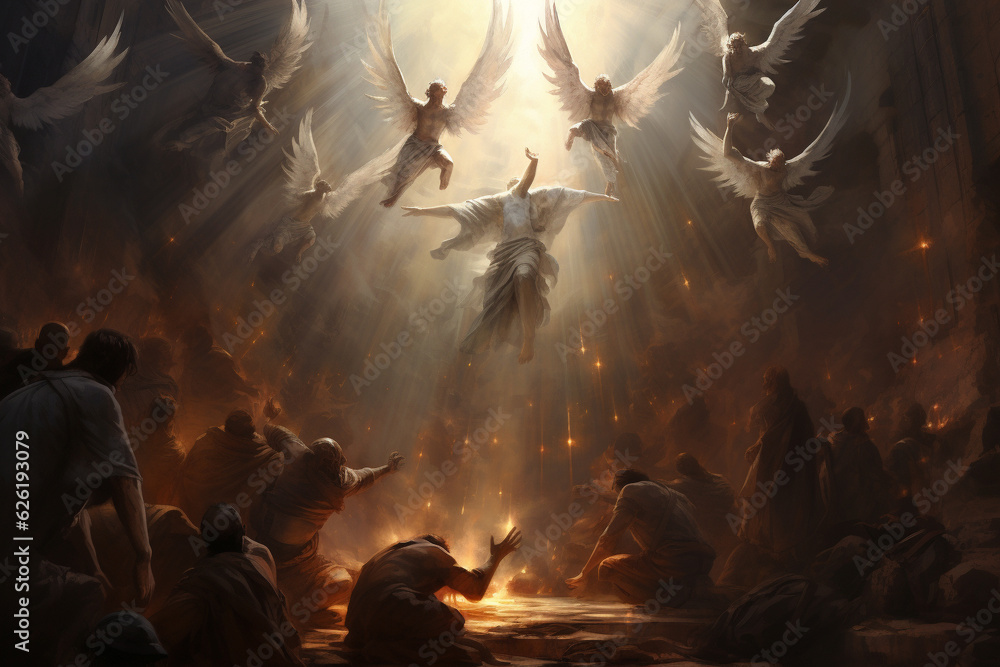 Angel surrounded by menacing dark forces and demons, showcasing the ...