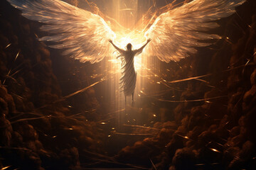 Angel surrounded by menacing dark forces and demons, showcasing the epic clash of light and darkness. Ai generated