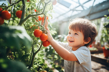 Toddler boy having fun in a greenhouse