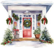 Watercolor Christmas  Porch Landscape Background Vector Illustration