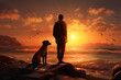 © twindesigner - Timeless bond between a man and his loyal canine companion, as they share a serene and heartwarming sunset walk along the beautiful beach. Ai generated
