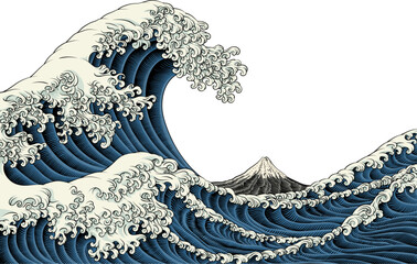 a japanese great wave sea japan engraved art design in a vintage woodcut intaglio style
