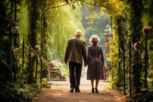 Enduring Love And Devotion Of An Old Couple As They Hold Hands And Walk Together Through A Picturesque Autumn Park, Celebrating A Lifetime Of Affection And Cherished Memories. Ai Generated