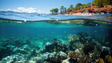 Fototapeta Do akwarium - A vibrant coral reef under crystal-clear waters, teeming with a kaleidoscope of colorful fish.