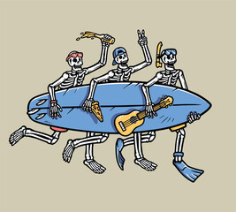 Poster - three skulls carrying surfboards on the beach