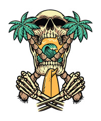 skull holding a coconut tree on the beach