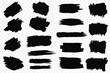 Set of vector brushes. Black brush stroke. Text frames and grunge patches.